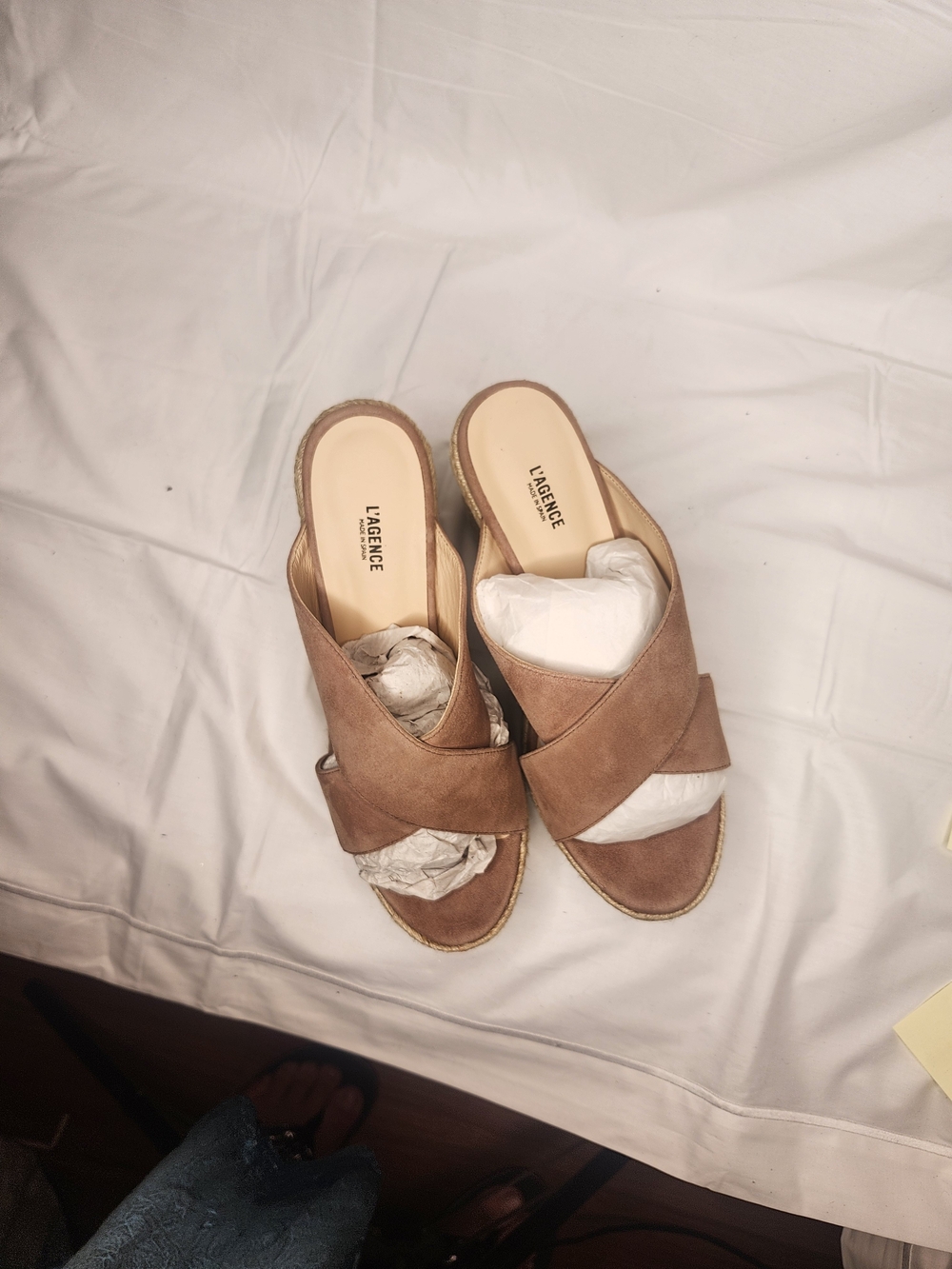 L'AGENCE Tan Suede Crisscross Slide Mules
